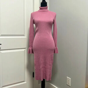 GIANNI BINI Women Pink turtle neck rib knit midi pencil dress long sleeve Size M